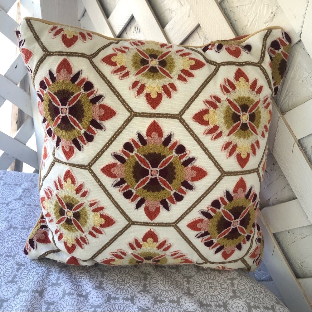 Bella Lux Embroidered Crewel Flower Decorative Pillow